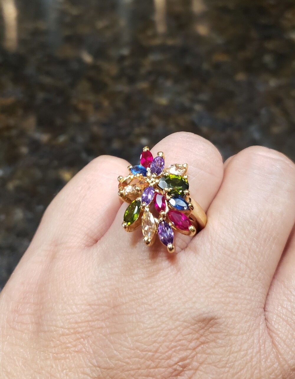 Gold Multi-Gem Cluster Ring - Colorful Cocktail Ring ,US 8